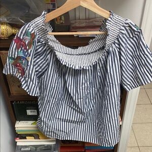 M&S Striped Off-Shoulder Top with Embroidered Floral Detail
